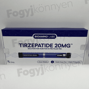 Tirzepatide 20mg fogyókúrás toll BIOAMINO Labs előretöltött injekciós toll eredeti dobozban fehér háttéren.