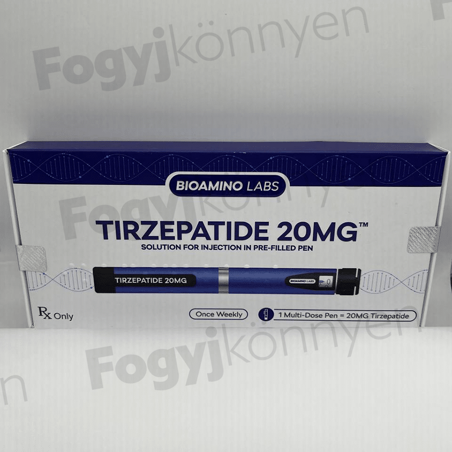 Tirzepatide 20mg fogyókúrás toll BIOAMINO Labs előretöltött injekciós toll eredeti dobozban fehér háttéren.